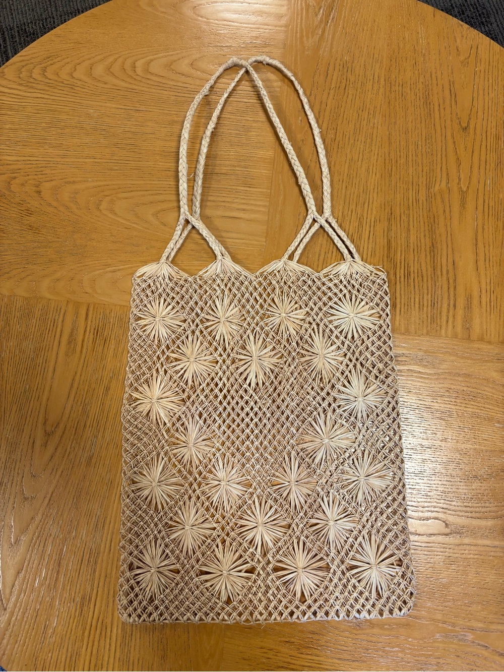 Woven Floral Mesh Tote Bag - Natural
